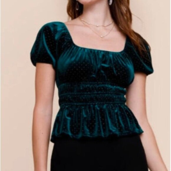 Francesca's Womens Small Green Velvet Puff Sleeve Cropped Peplum Holiday Sparkle - Picture 1 of 9